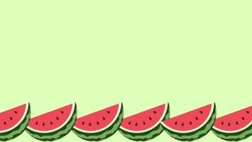 A straight row of juicy watermelon slices placed at the bottom of a greenish backdrop, forming a fresh and minimal composition video