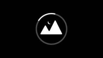 A sleek, minimalist landscape icon featuring two white mountains, a crescent moon, and a sun inside a gray circular frame against a black background, symbolizing day and night video
