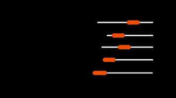 Five vertical sliders on a black background represent control, customization, audio levels, or settings in digital applications video