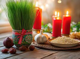 A beautifully arranged Nowruz Haft-Seen table featuring Sabzeh wheatgrass tied with a red ribbon, a plate of seeds and sweets, and lit candles, symbolizing Persian New Year traditions. photo