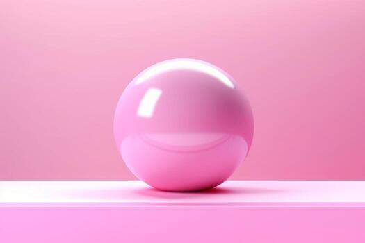 Pink glossy sphere on pink table. Isolated on pink background. photo
