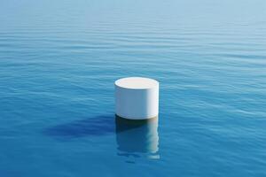3D illustration. A white cylinder base floating on the surface of the water. Ripples. Horizontal photo