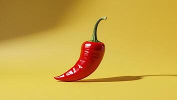 Red chili pepper, vibrant yellow background, minimalist composition, sharp shadows, macro photography, high contrast, bold colors, simple aesthetics, food photography, stock image style, clean design, photo