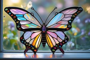 Stained glass butterfly, iridescent wings, vibrant colors, delicate design, intricate details, black outline, translucent panels, soft light, reflective surface, windowsill, close-up photography, shal photo