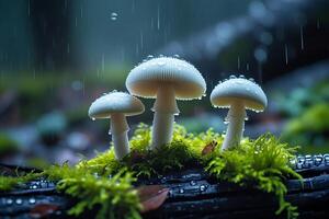 Macro photography, three white mushrooms, vibrant green moss, water droplets, rain, dew, forest, dark log, blurred background, high detail, shallow depth of field, soft lighting, nature, ethereal atmo photo