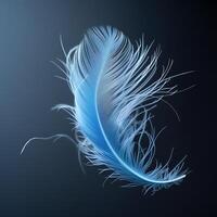 Light blue feather, ethereal, delicate, floating, black background, intricate details, soft texture, wispy edges, azure hue, gentle curves, macro photography, high contrast, studio lighting, minimalis photo