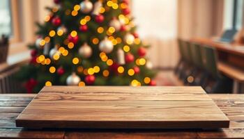 Christmas tree in the background of a wooden table photo