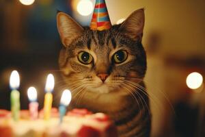 a cat wearing a birthday hat and looking at the camera photo