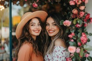 two beautiful young women posing for a photo in front of a flower shop