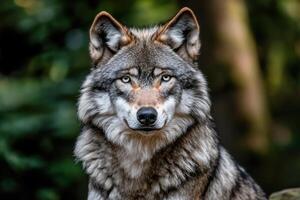 a wolf is looking at the camera photo