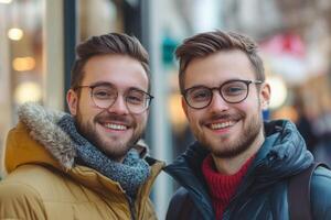 two men wearing glasses standing outside photo