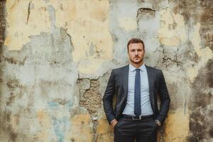 man in a suit and tie standing against a wall photo