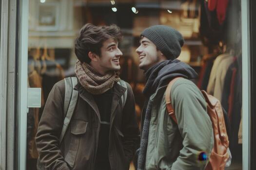men standing in front of a store window photo