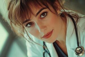 a woman in a doctor's coat looking at the camera photo
