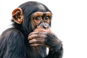 a chimpanzee is sitting with his hand on his chin photo