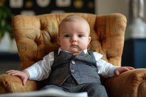 a baby in a suit and tie sitting on a chair photo