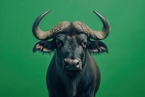 a black buffalo with large horns on a green background photo