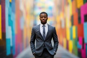 a man in a suit standing in front of a colorful wall photo