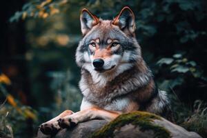 a wolf sitting on a rock in the woods photo