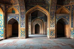 the interior of a mosque with blue and yellow tiles photo