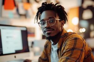 a man with dreadlocks sitting at a desk in front of a computer photo