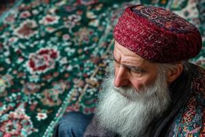 an old man with a long white beard sitting on a rug photo
