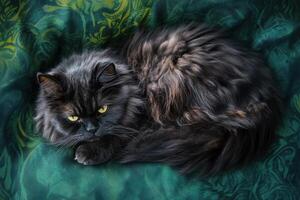 a black cat with yellow eyes is laying on a green background photo