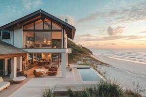 a beach house with a pool and patio at sunset photo