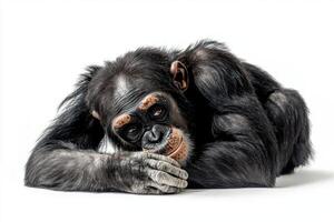 a chimpan is sitting down on the ground photo