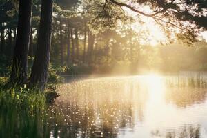 a lake surrounded by trees and grass photo