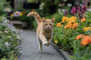 an orange tabby cat running through a garden photo