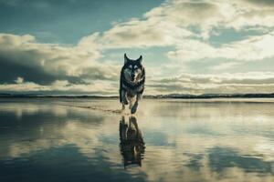 a husky dog running on the beach photo