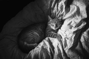 a black and white photo of a cat laying on a bed