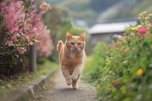 an orange cat walking down a path with flowers photo