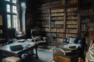 a library with books and chairs in it photo
