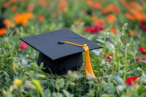 a graduation cap sits in a field of flowers photo