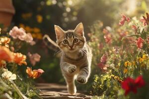 a cat running through a garden with flowers photo