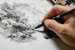 a person is drawing a landscape with a pen photo