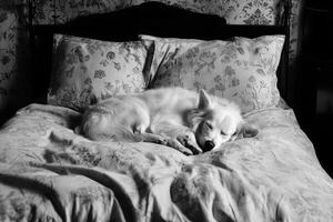 a dog laying on a bed with a pillow photo