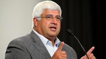 Middle aged politician gesturing passionately while speaking into a microphone during a lively press conference, engaging with the media photo
