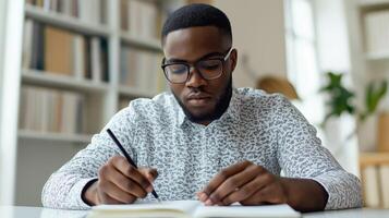 Focused University Student Taking Notes While Studying in Library photo