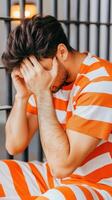Prisoner suffering in jail covering face with hands photo