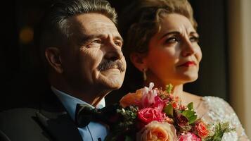 Senior Couple Getting Married Posing with Bouquet on Wedding Day photo