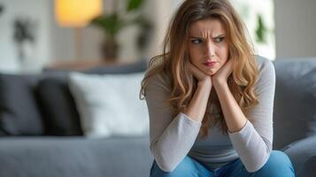 Sad woman suffering from a headache while sitting on the sofa at home photo