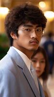 Fashionable businessman wearing eyeglasses and suit posing in elegant location photo