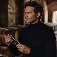 Winemaker holding tasting stick and inspecting barrels in cellar photo
