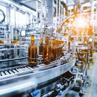 Glass bottles moving on conveyor belt in bottling factory photo