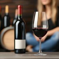 Glass of red wine with bottle and barrels in background, woman sitting on floor photo