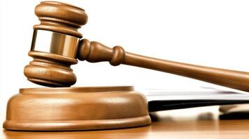 Wooden gavel resting on sound block with legal documents photo