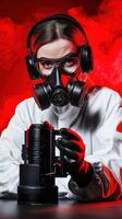 Scientist wearing gas mask and headphones analyzing toxic substance photo